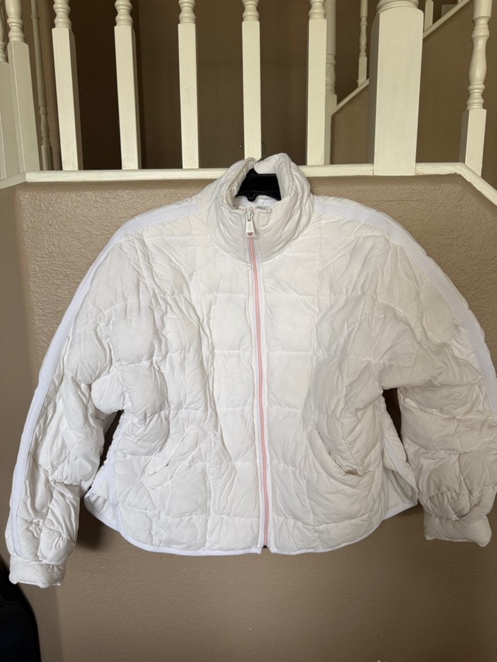 Free People Movement White Quilted Puffer Jacket with Pink-Trim Zip